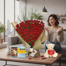 100 Rosas Mas Bombones y Peluche Oso Para Enamorar