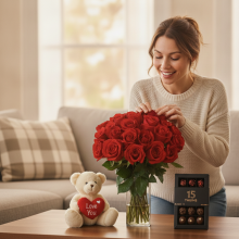 24 Rosa en Florero Mas Oso de Peluche y 15 Bombones