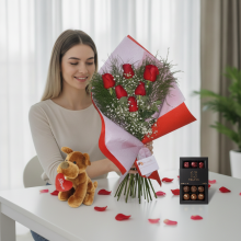 Ramo por 6 Rosas Mas Peluche Con Bombones