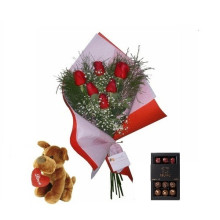 Ramo por 6 Rosas Mas Peluche Con Bombones