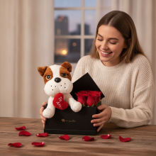 Box San Valentin 6 Rosas, Bombones y Peluche Perro Corazón