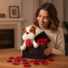 Box San Valentin 6 Rosas, Bombones y Peluche Perro Corazón