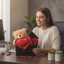 Box San Valentín 6 Rosas, Bombones y Peluche Oso Corazón